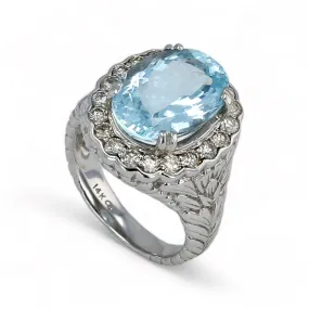 14K White gold oval floral aquamarine with diamonds ring