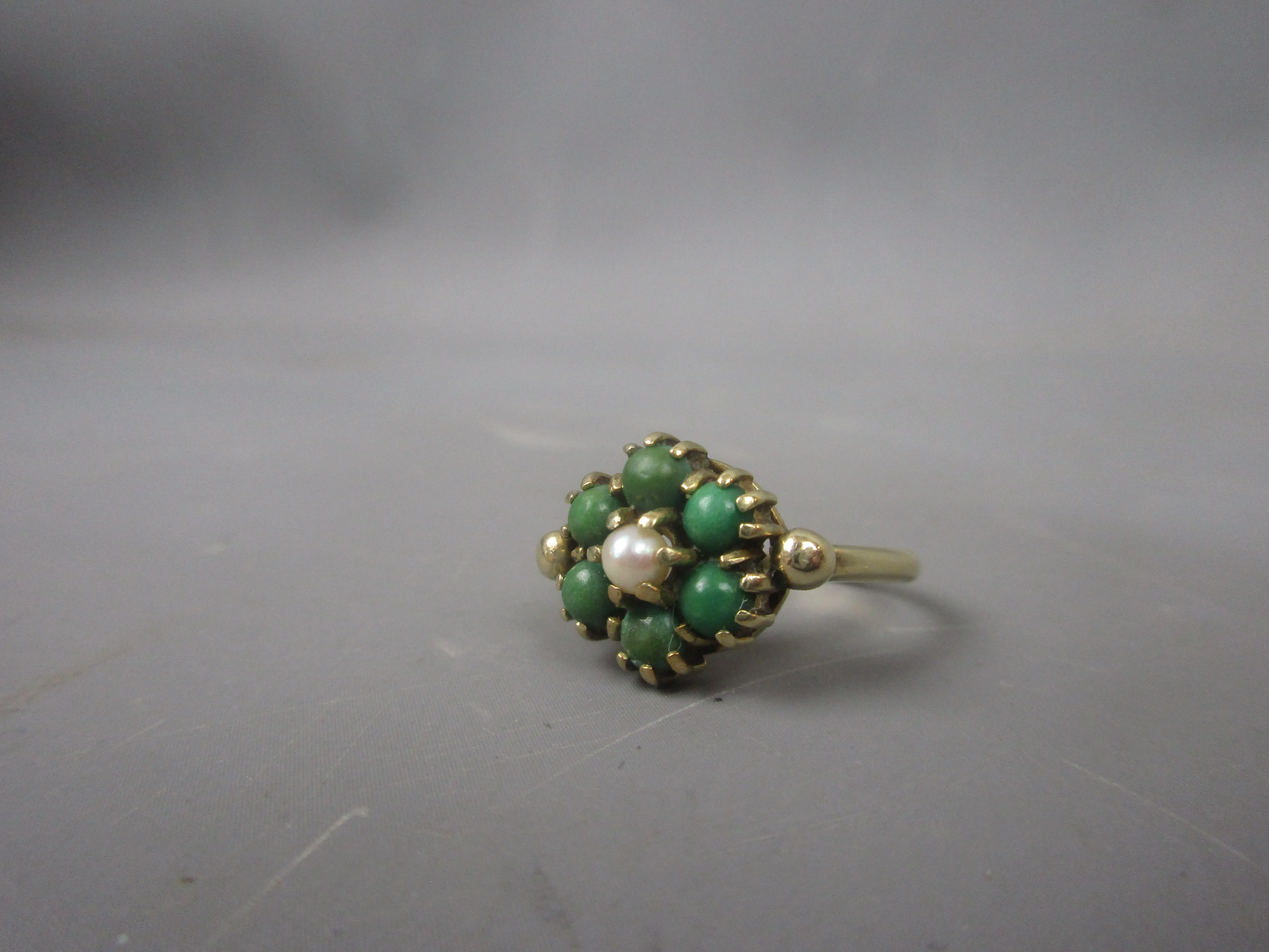 9ct Gold, Green Turquoise & Pearl Floral Cluster Ring Antique c1930 Art Deco