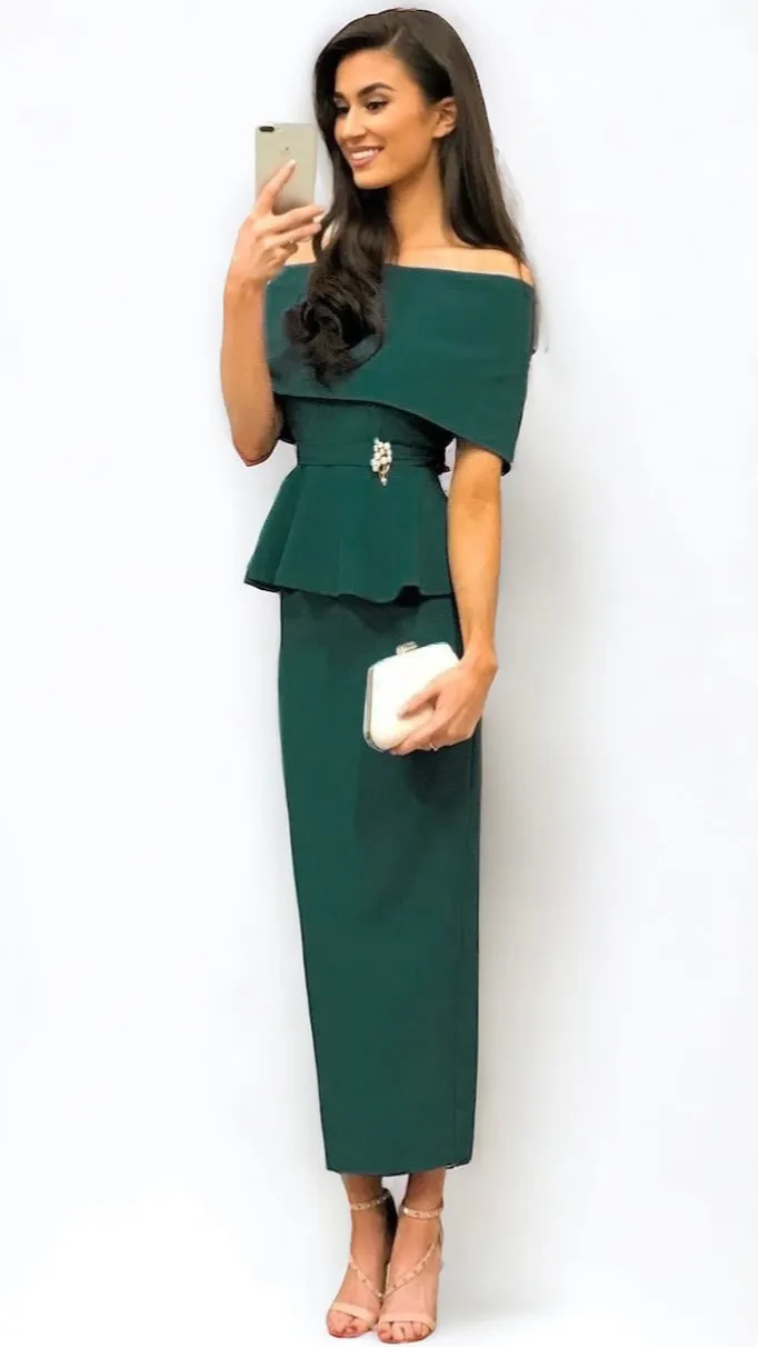 A1320 Green Peplum Bardot Dress