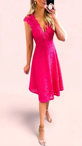 A1652 Karen Lace Brocade Flare Dress Fushia