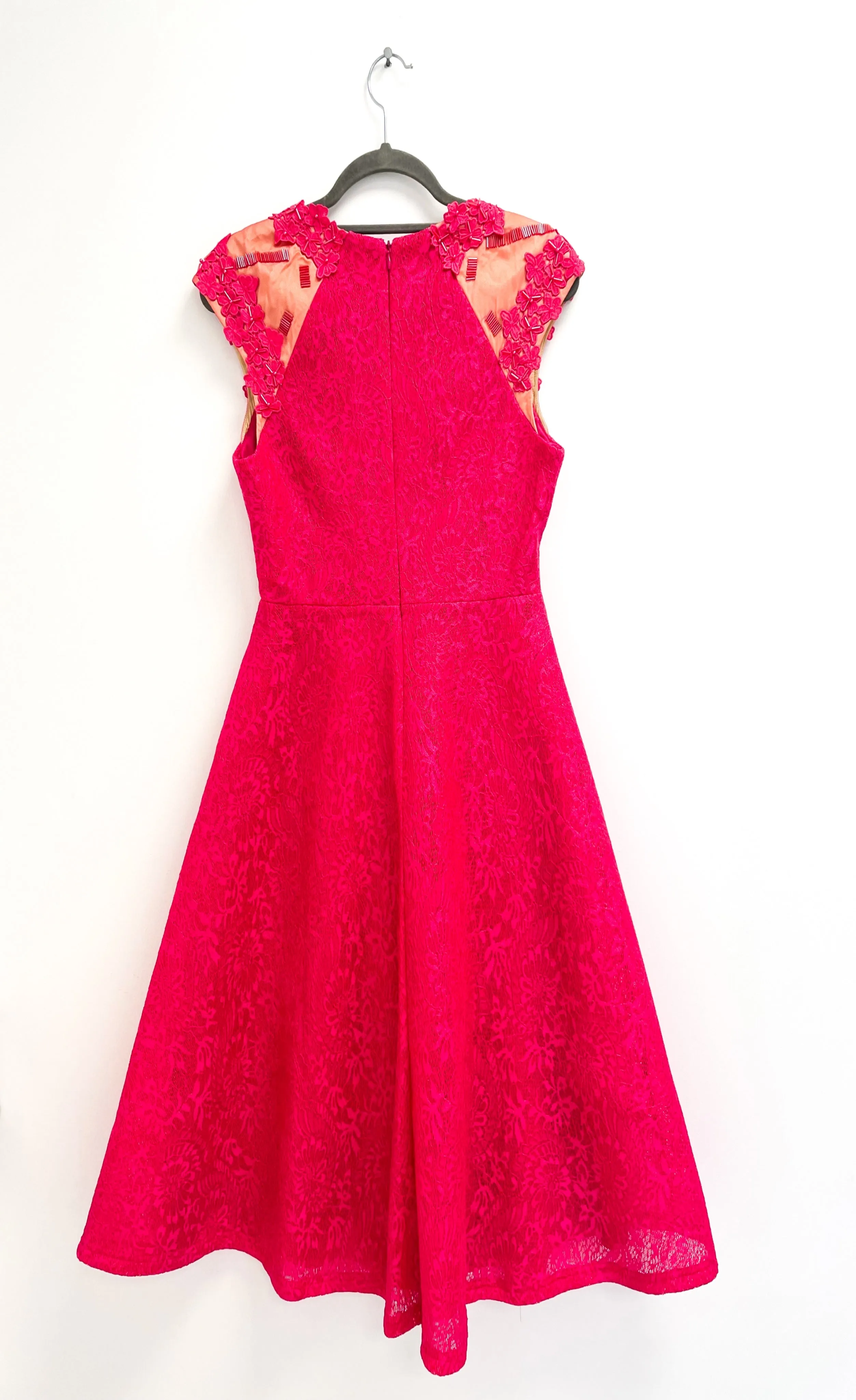 A1652 Karen Lace Brocade Flare Dress Fushia