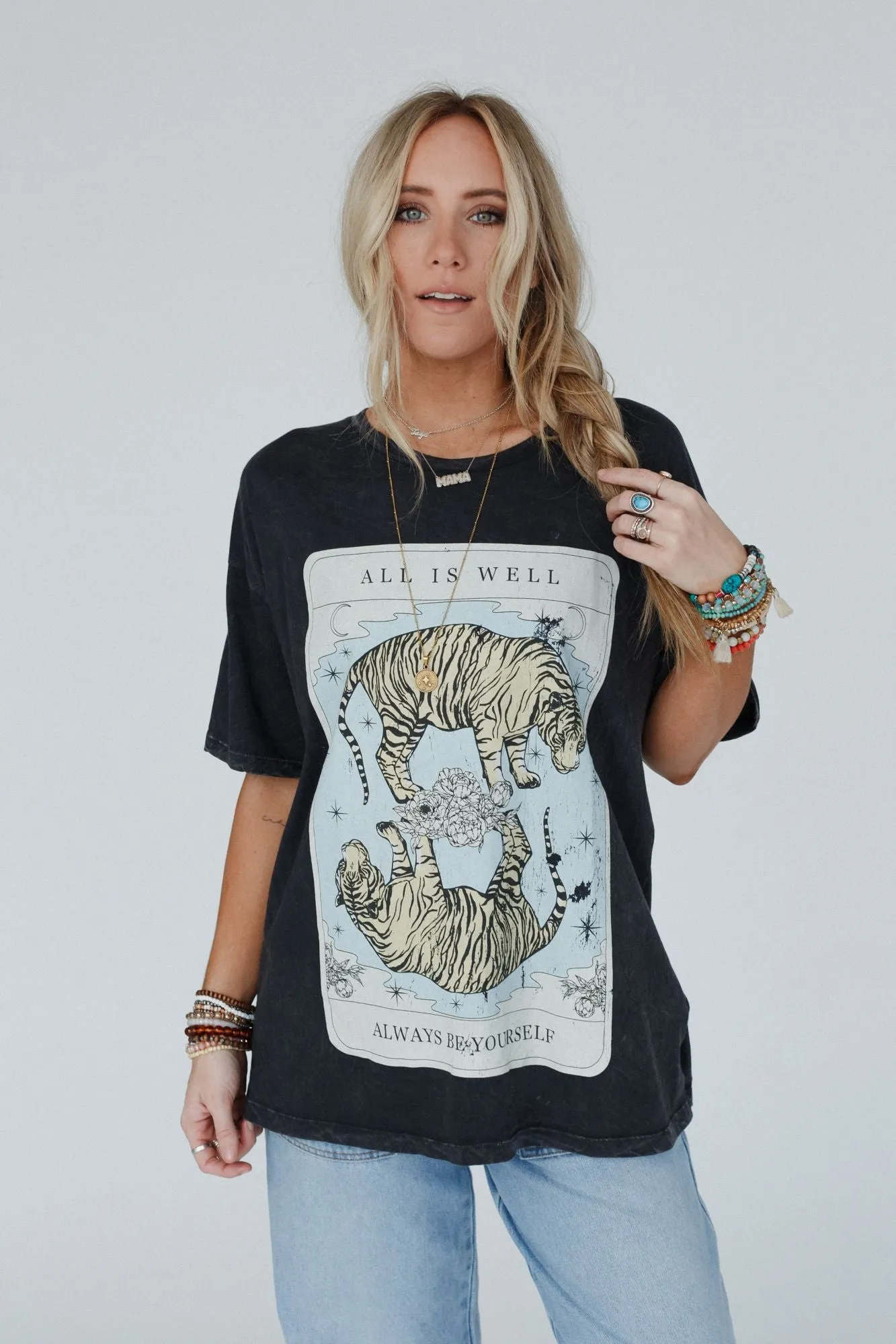 All Is Well Tiger Graphic Tee - Charcoal