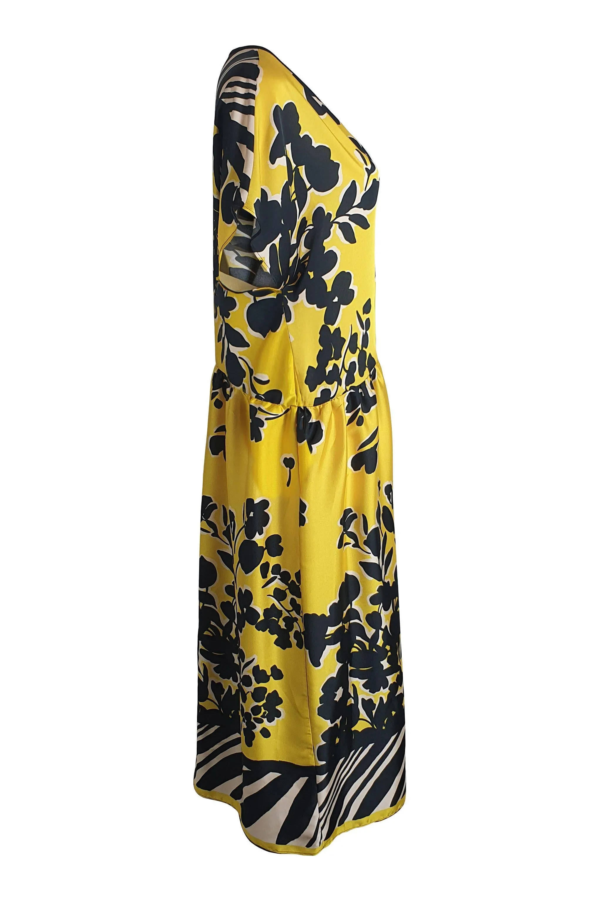 ALYSI CHOCOLAT Yellow Short Sleeve Floral Print Midi Dress (IT 44)