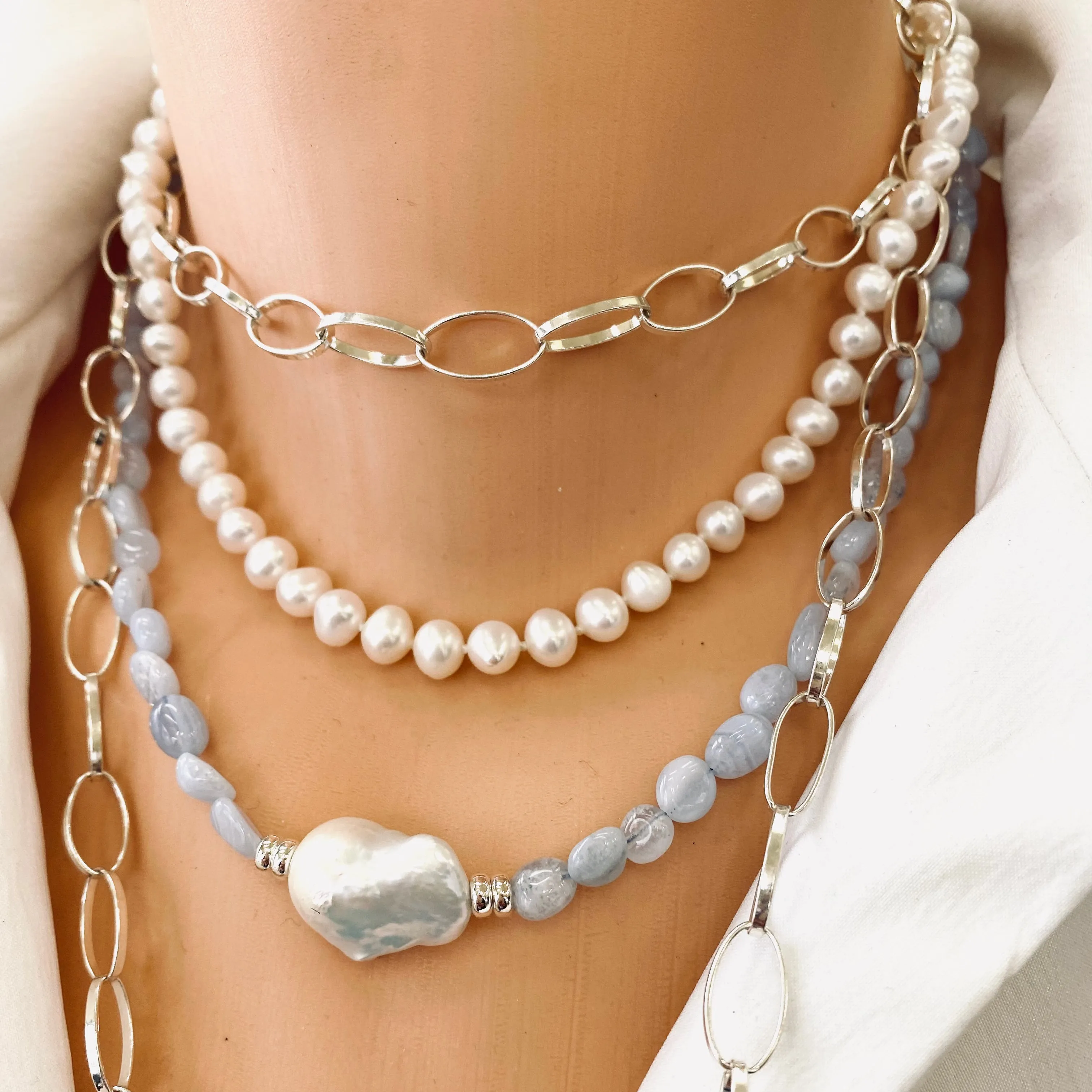 Blue Lace Agate & Baroque Pearl Necklace, Sterling Silver, 18inches