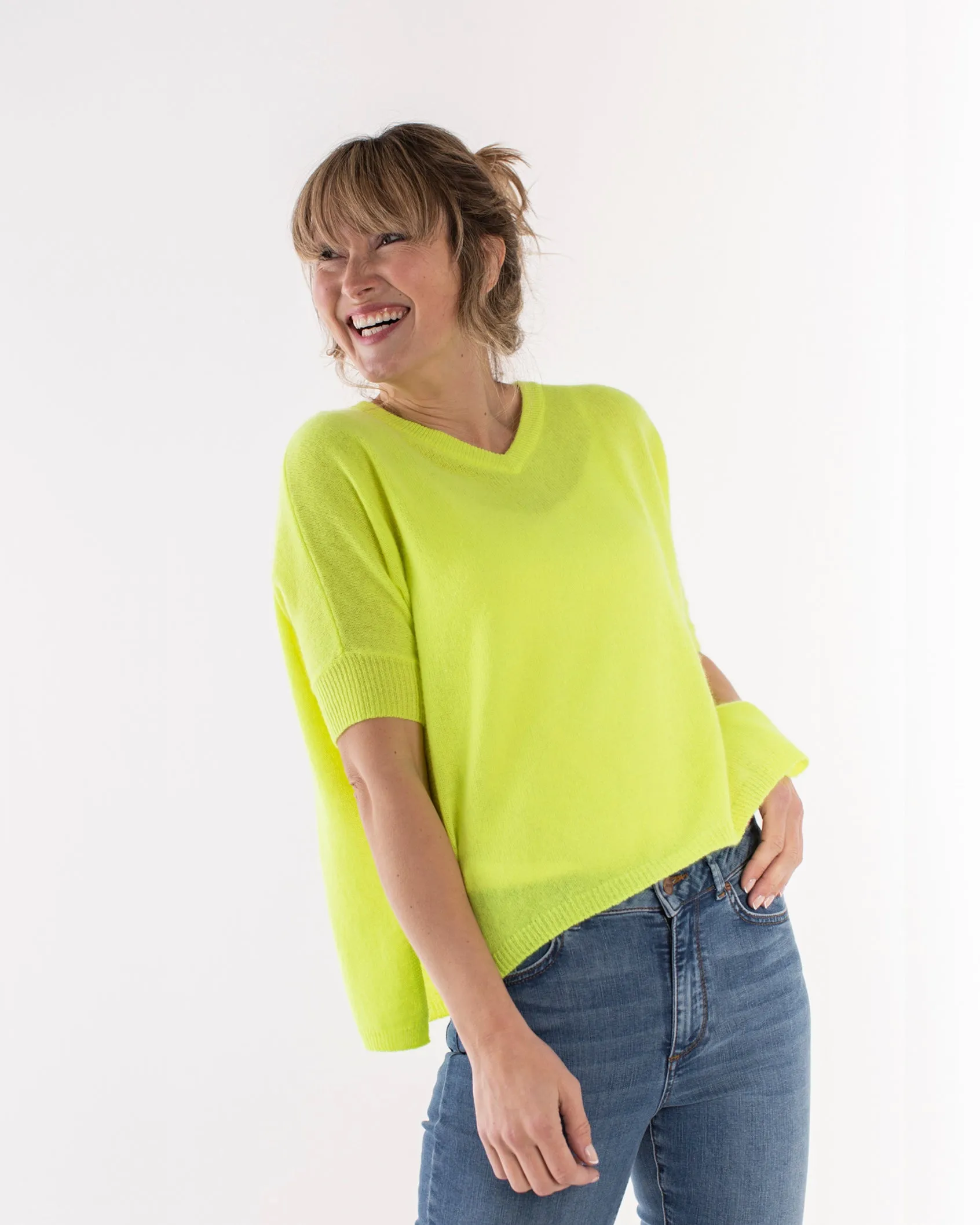 Brodie Bronte Cashmere Short Sleeve Jumper - Neon Yellow