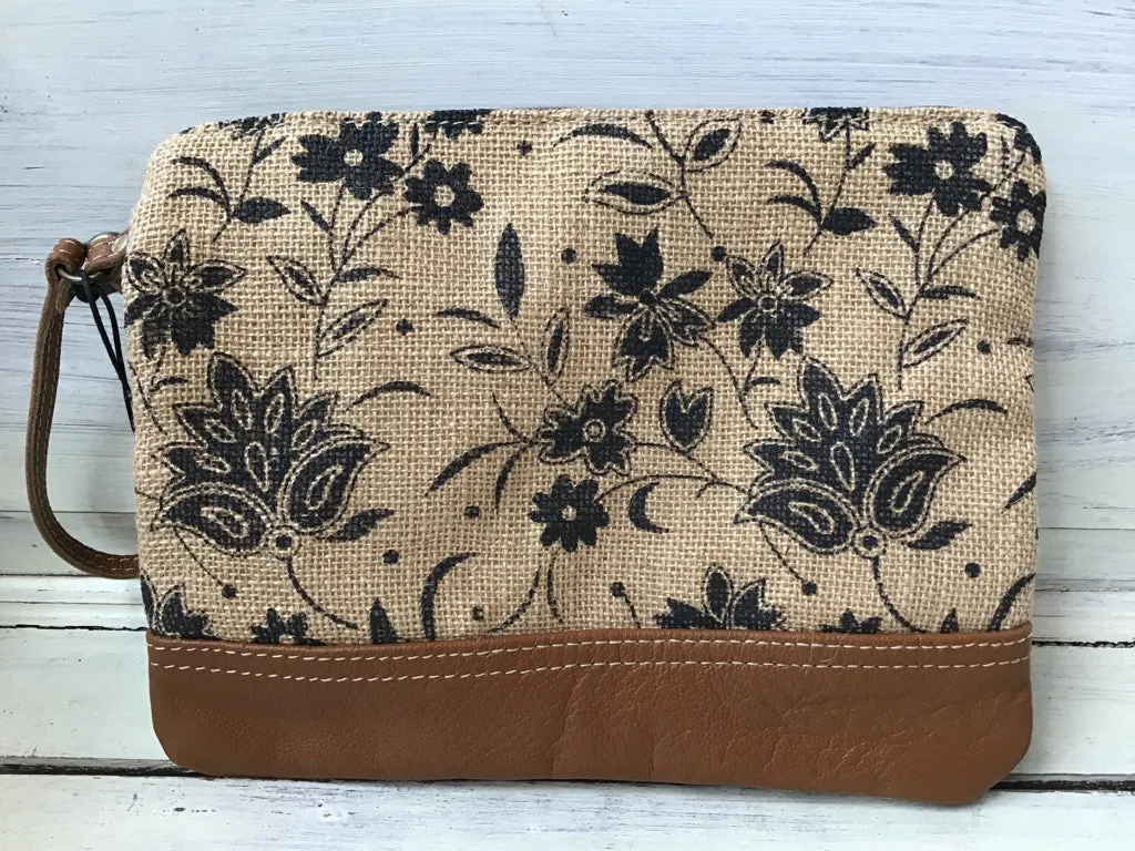 Burlap Floral Wristlet Tote