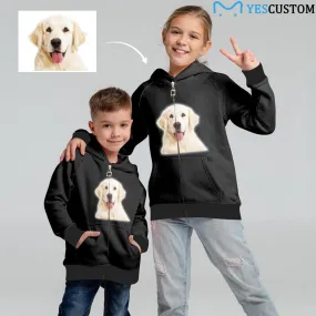 Custom Pet Face Black Kid's Long Sleeve Full Zip Hoodie for 2-15Y Personalized Hooded Loose Hoodie