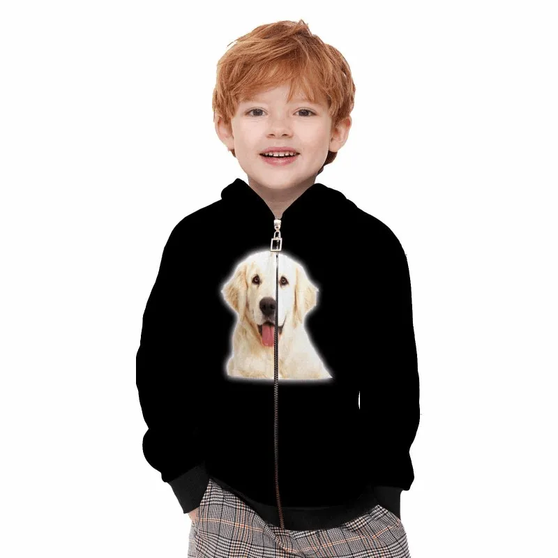 Custom Pet Face Black Kid's Long Sleeve Full Zip Hoodie for 2-15Y Personalized Hooded Loose Hoodie