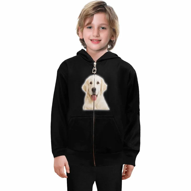 Custom Pet Face Black Kid's Long Sleeve Full Zip Hoodie for 2-15Y Personalized Hooded Loose Hoodie