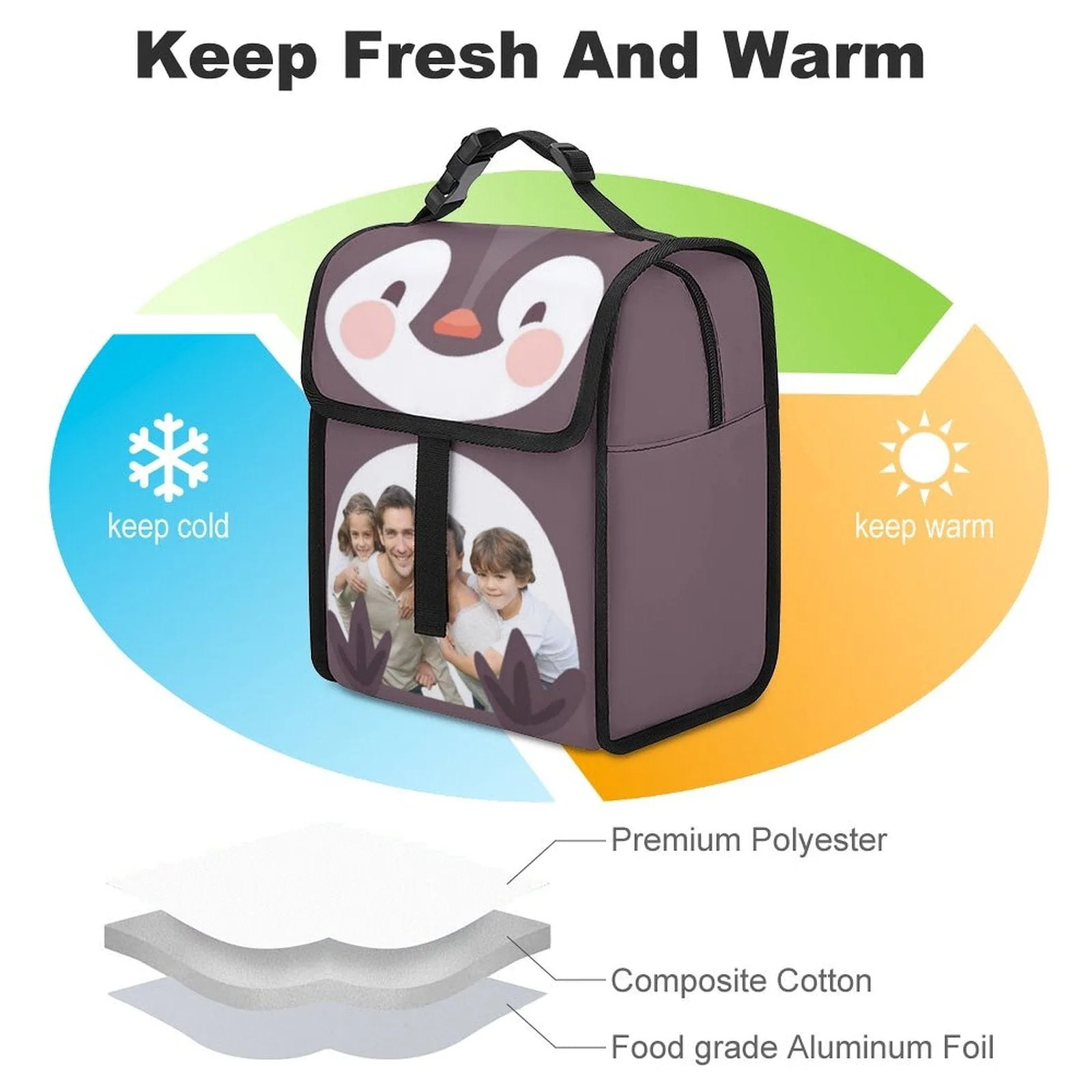 Custom Photo Penguin Camping Ice Pack Insulated Lunch Bag