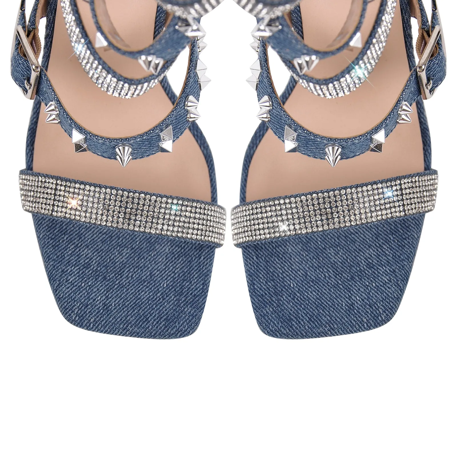 Denim Hollow Rivet Buckle Strap Bootie Sandals