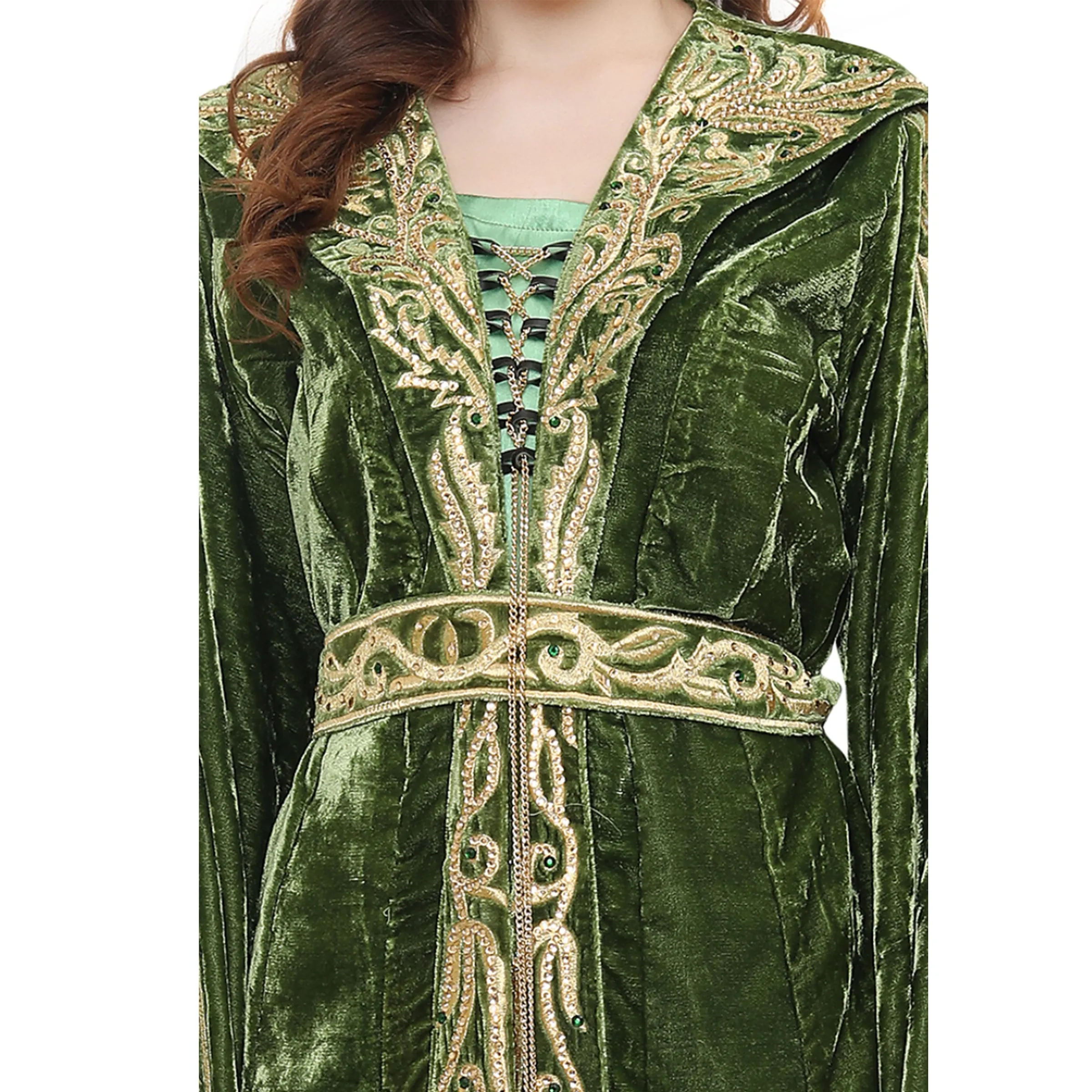 Designer Kaftan Bridal Gown in Henna Green Velvet