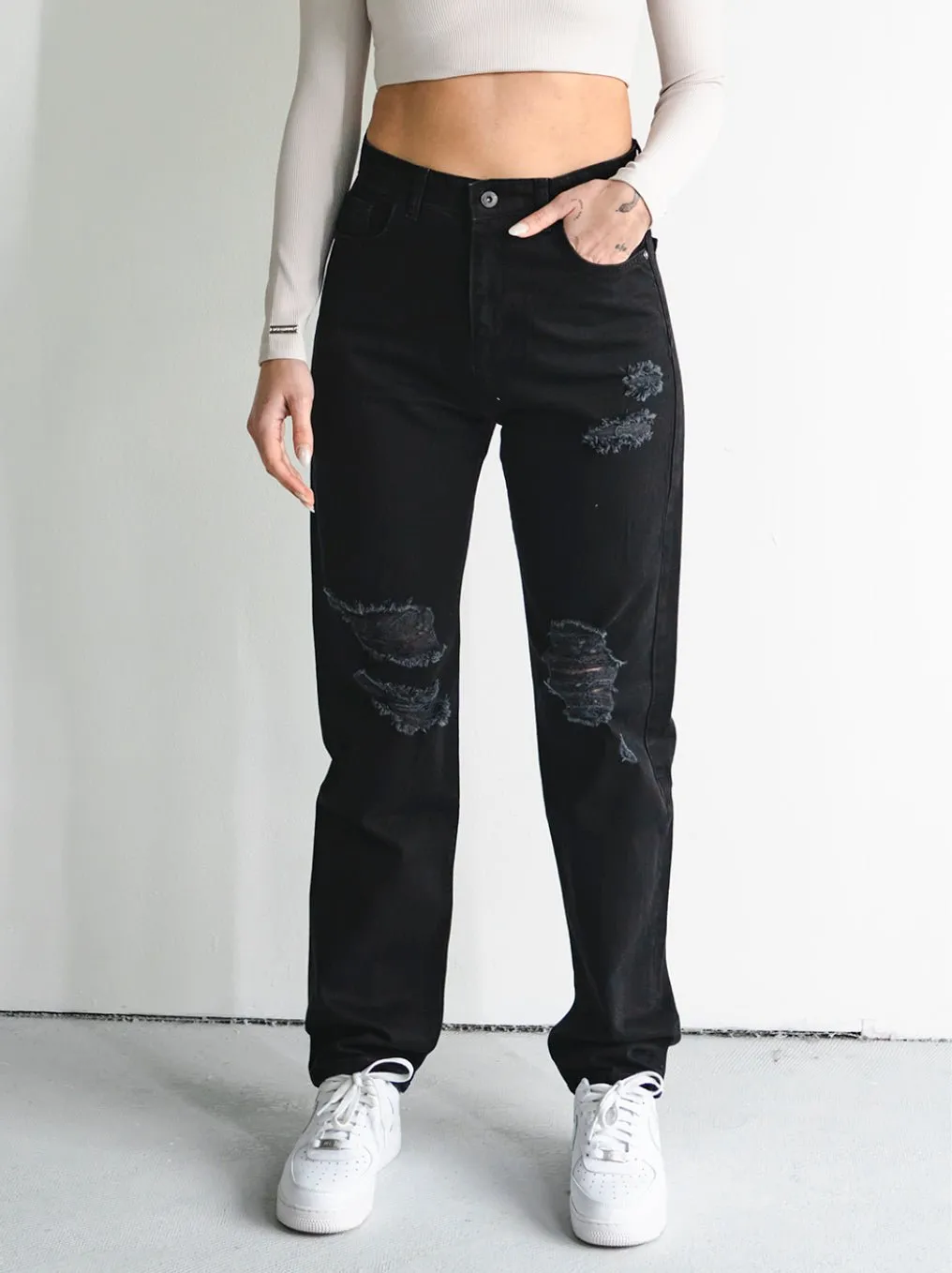 Destroyed Straight Fit Black Women Jeans