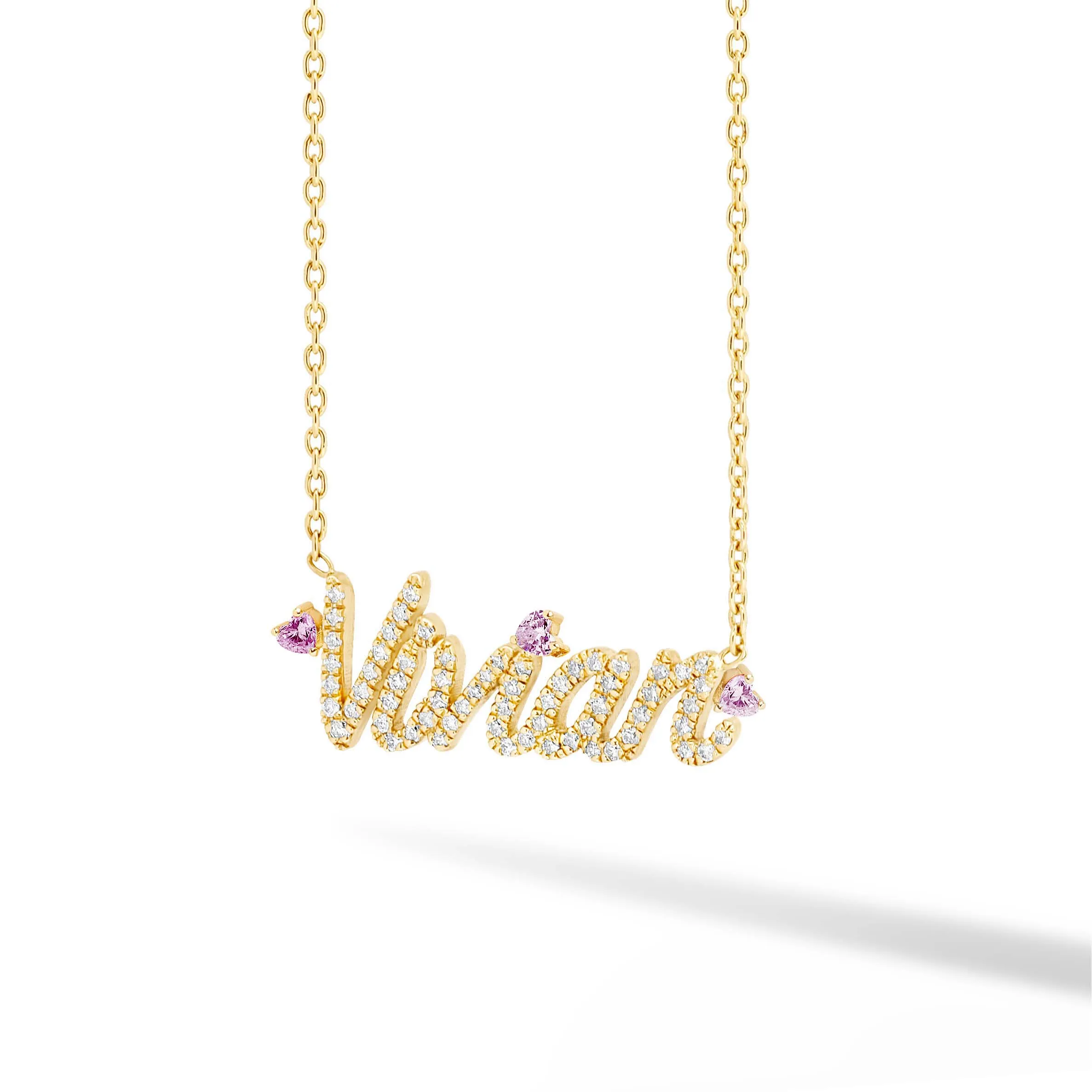 Diamond Pave Custom Name Necklace with Floating Heart Birthstone