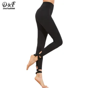 Dotfashion Women Leggings Fitness Women Clothing Fashion Leggings For Women Fitness Black Lace Up Hem Leggings