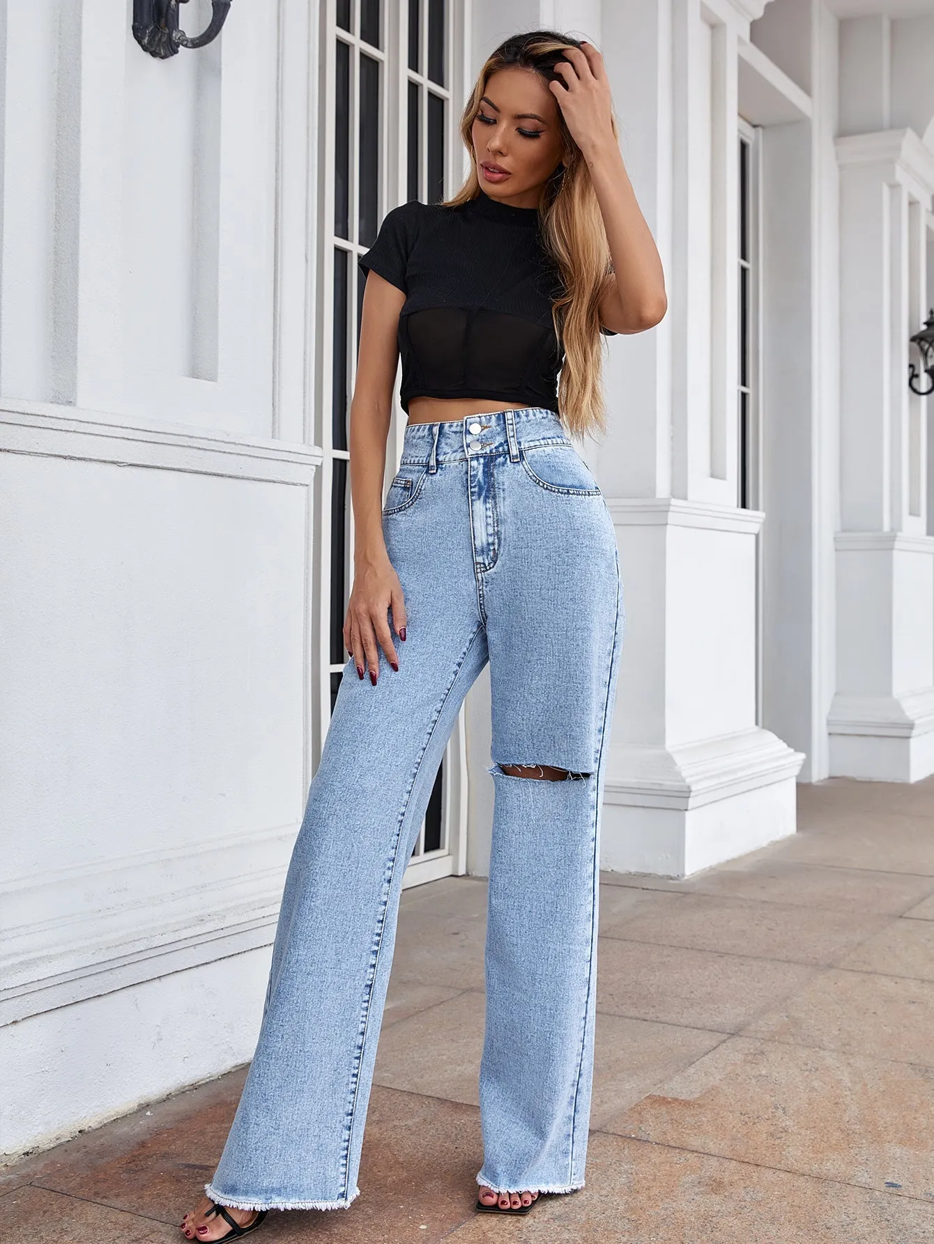 DressBetty - Hole Loose High Waist Jeans