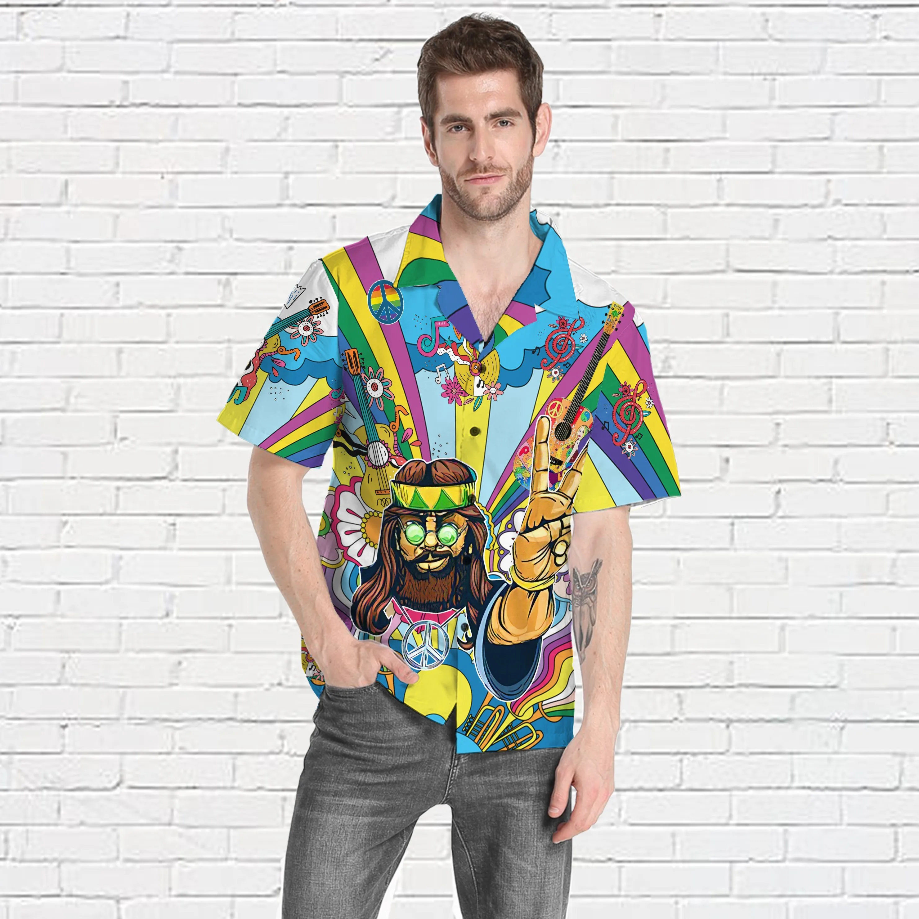 Gearhuman 3D Hippie Men With Guitar Custom Hawaii Shirt