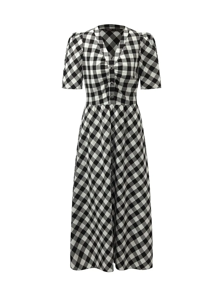 Gingham V-Neck Women Maxi Dress