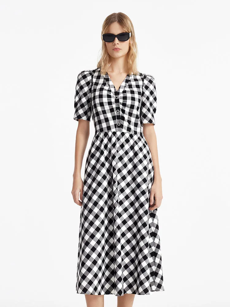 Gingham V-Neck Women Maxi Dress