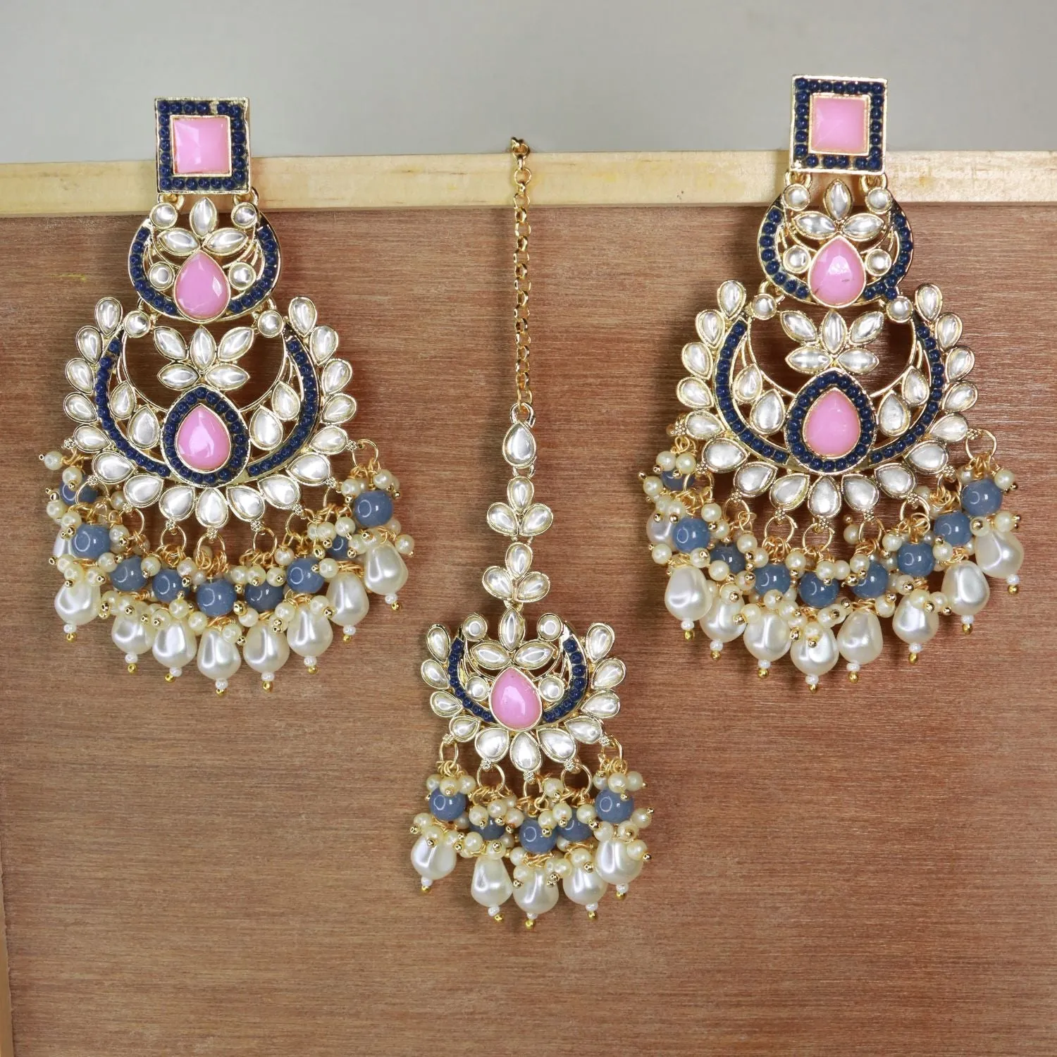 Gold Plated Traditional Kundan & Pearl Chandbali Earrings with Maang Tikka Set for Women/Girls