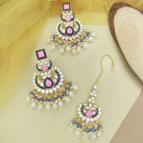 Gold Plated Traditional Kundan & Pearl Chandbali Earrings with Maang Tikka Set for Women/Girls