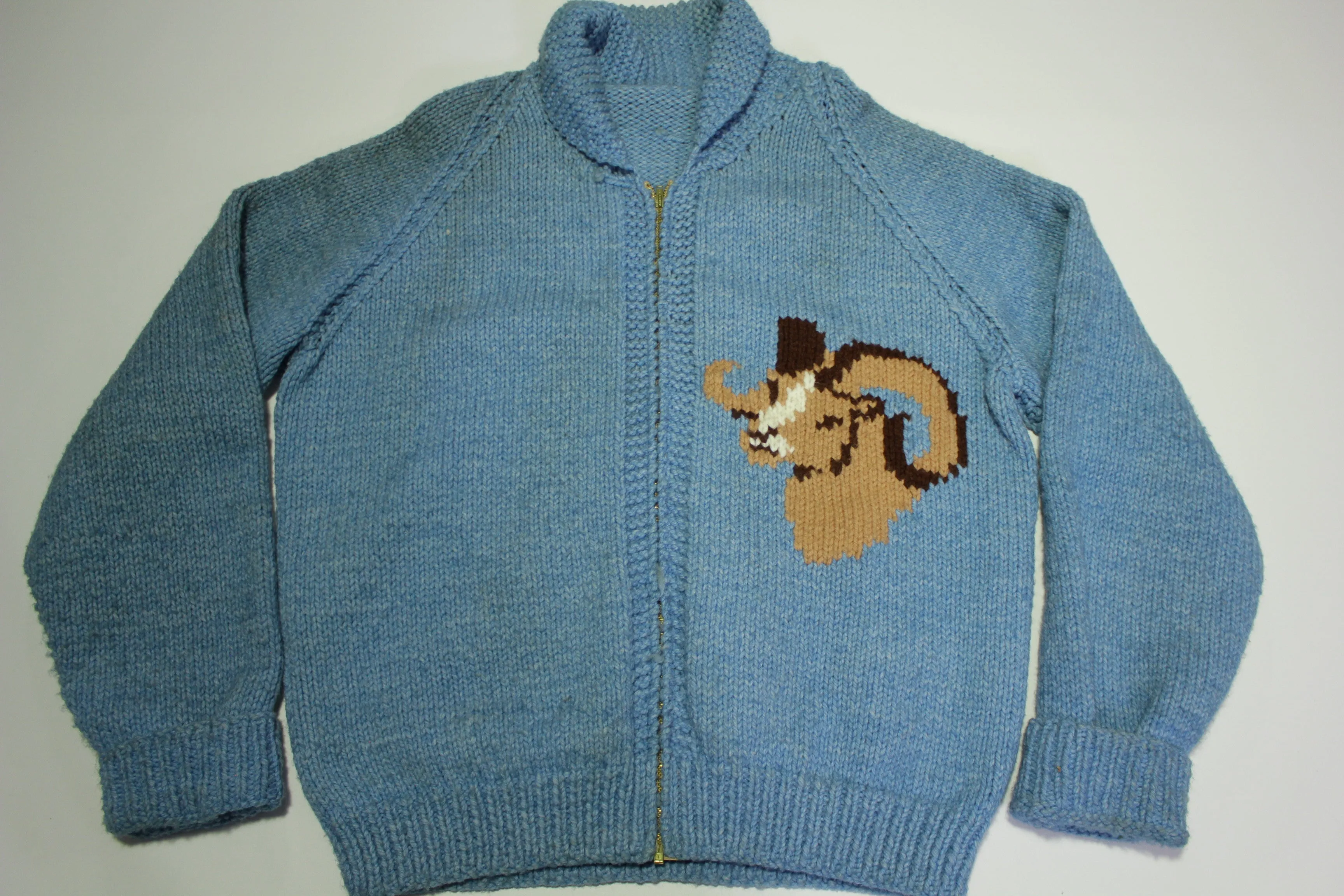 Hand Knit Ram's Head Heavyweight Talon Zipper Cowichan Curling Sweater Vintage 60s