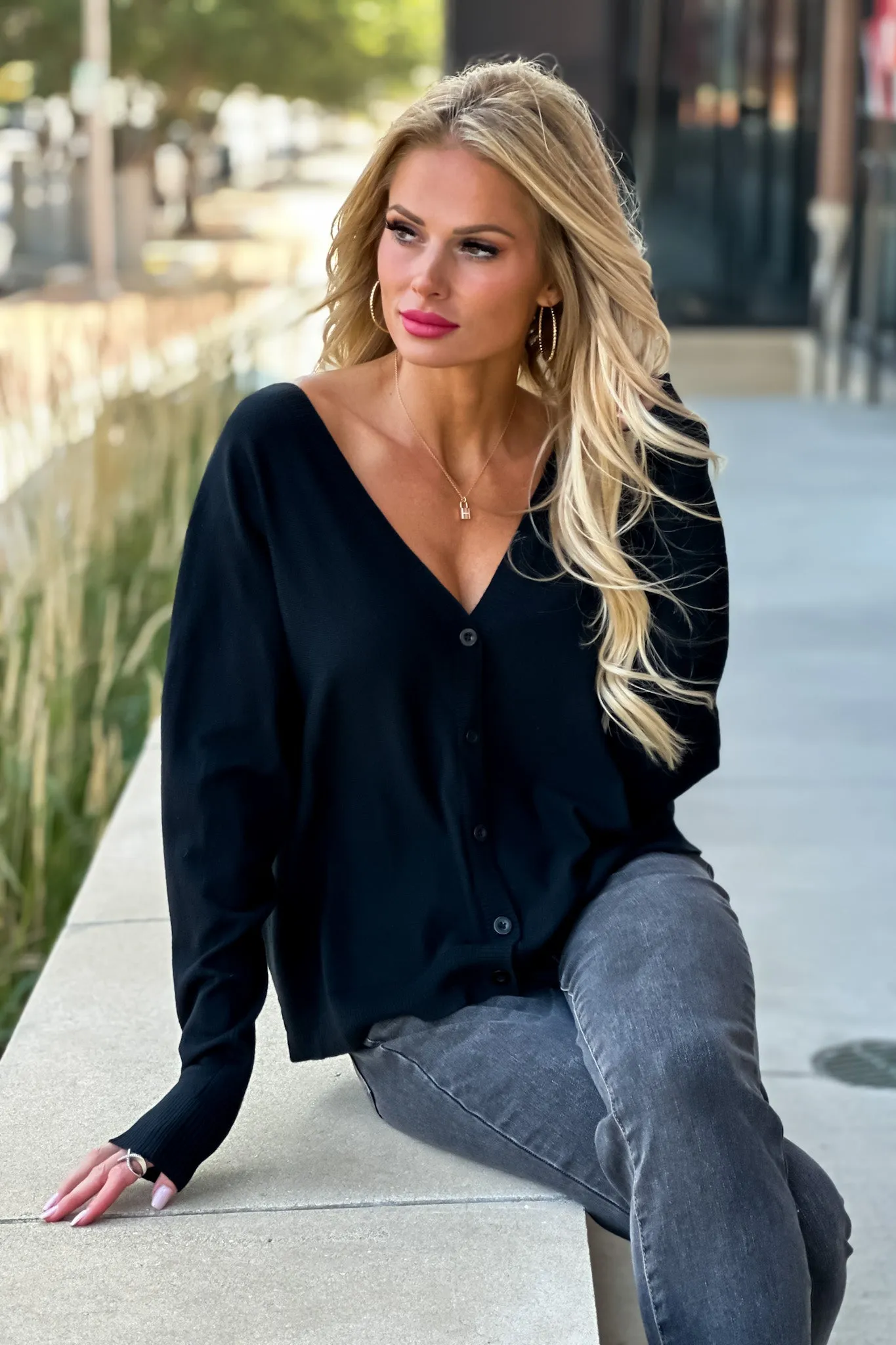 Just Your Style Double V-Neck Cardigan : Black