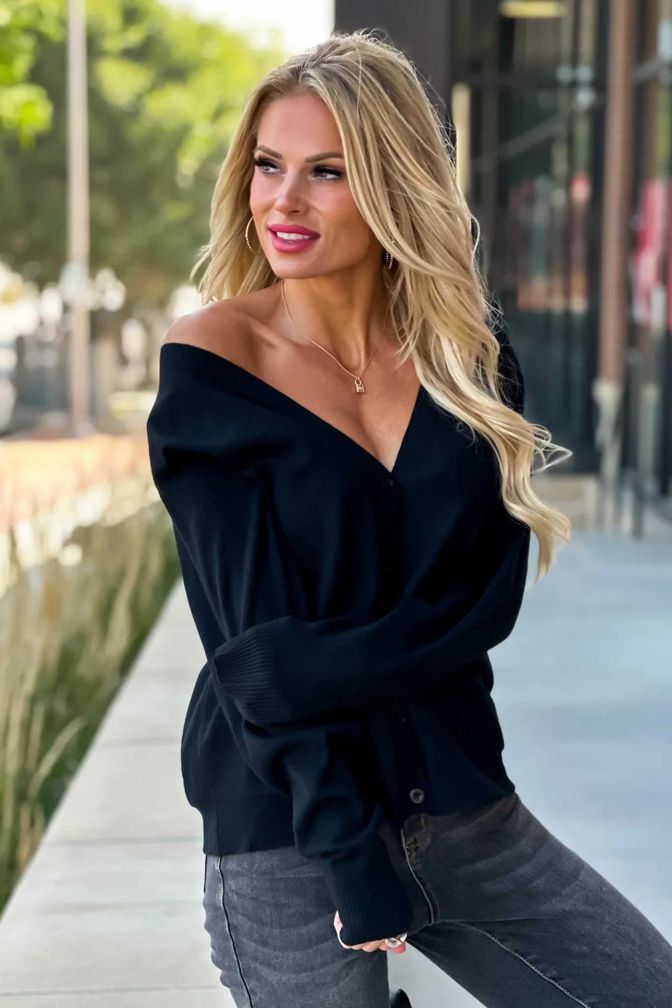 Just Your Style Double V-Neck Cardigan : Black