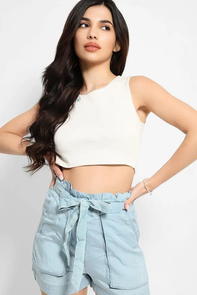 Light Blue Thin Denim Paperbag Waist Shorts