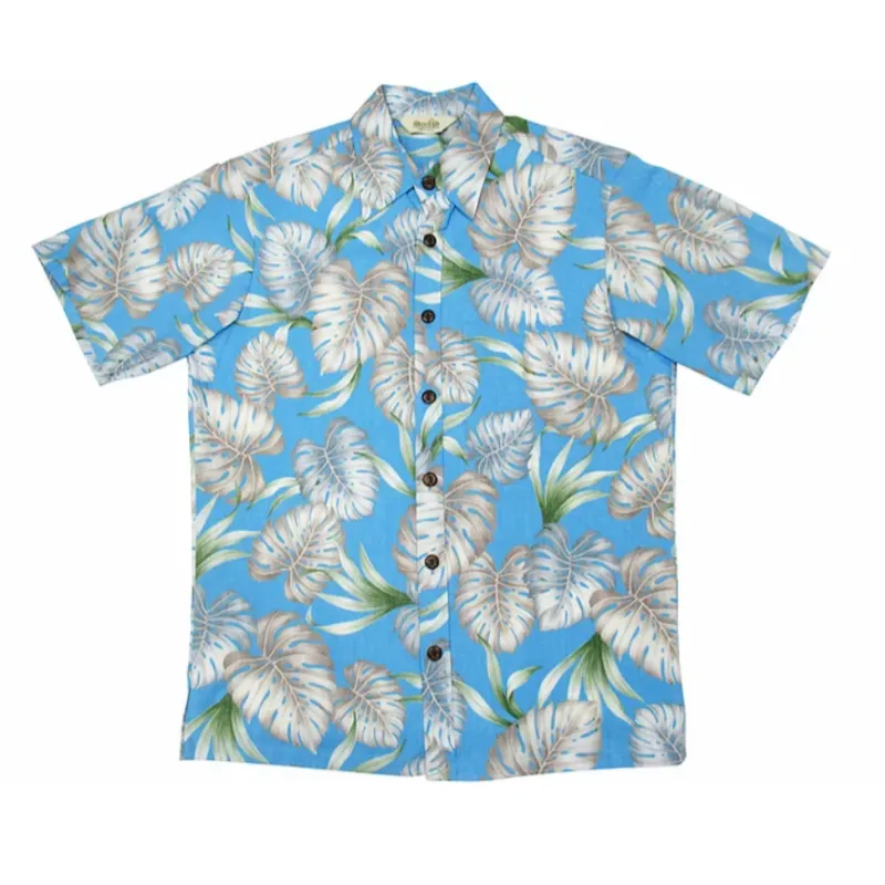 Light Grey Monstera Leaf Hawaiian Shirt | Blue and Grey