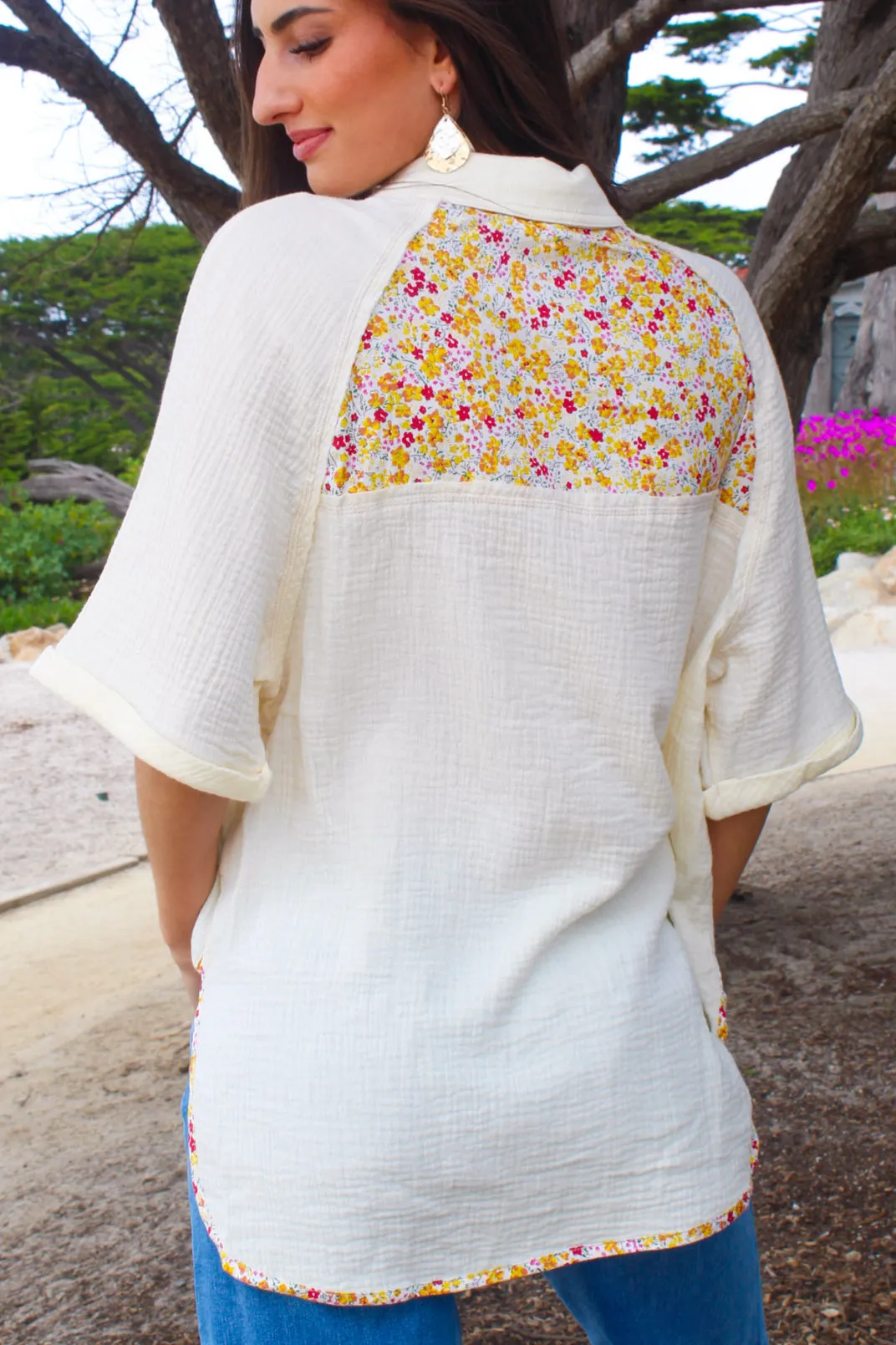 Mahalo Cotton Button Up - Ivory/Multi