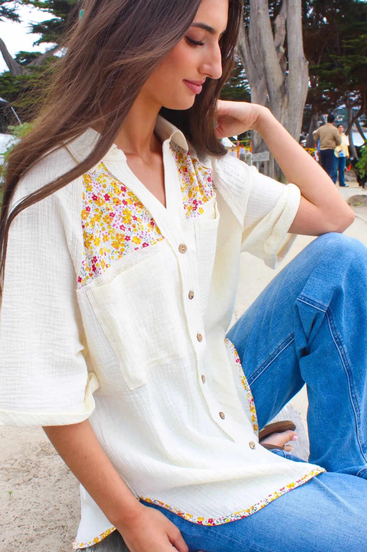 Mahalo Cotton Button Up - Ivory/Multi