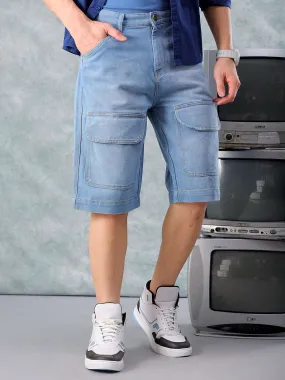 Men Blue Relaxed Fit Solid Denim Cargo Shorts