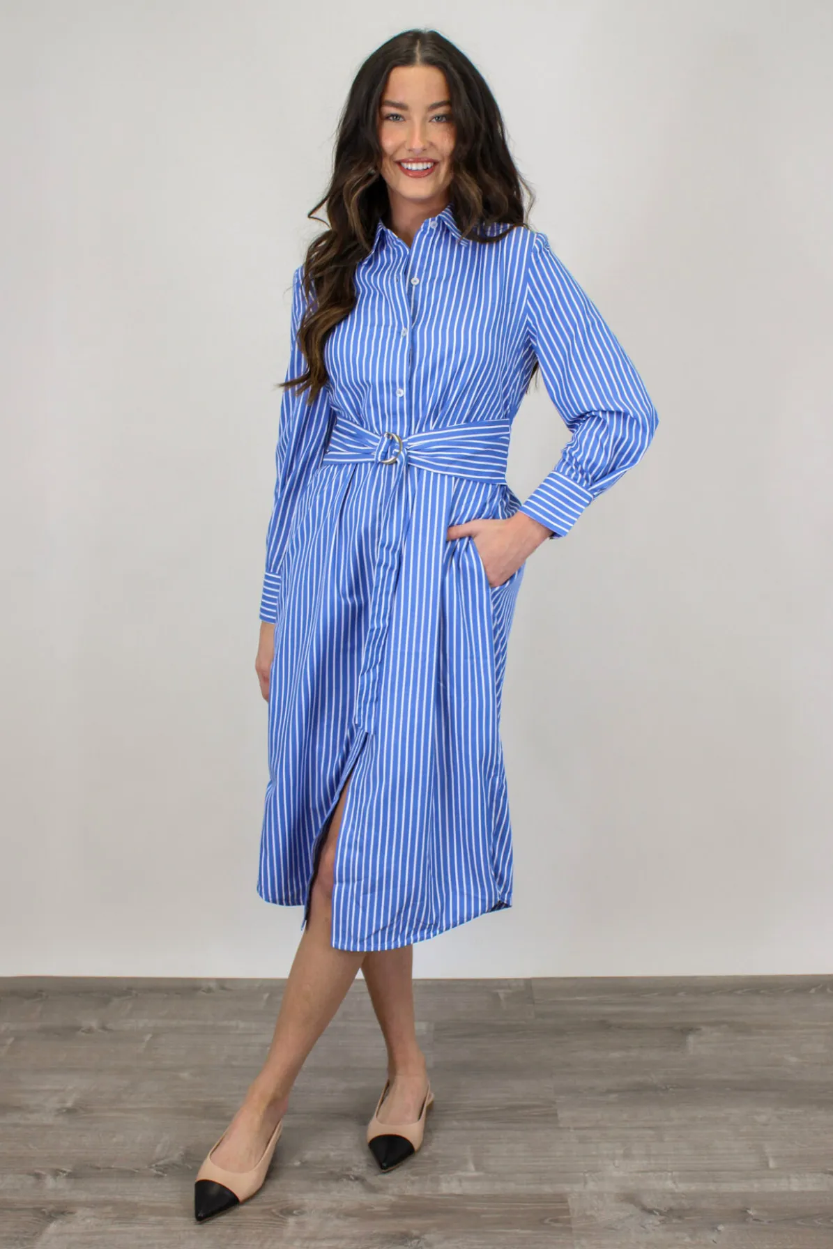 Mint Julep Stripe Midi Dress in Blue