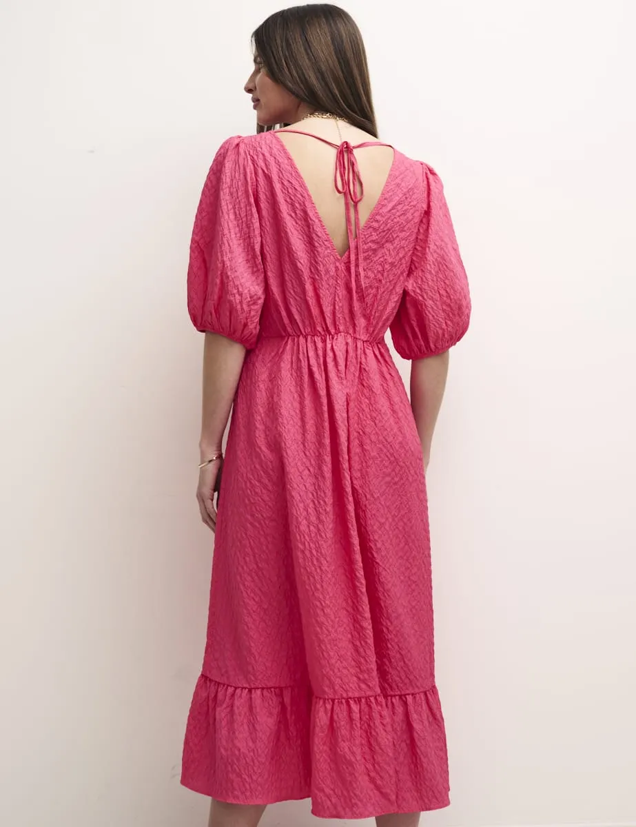 Pink V-Neck Puff Sleeve Amy Midi Dress