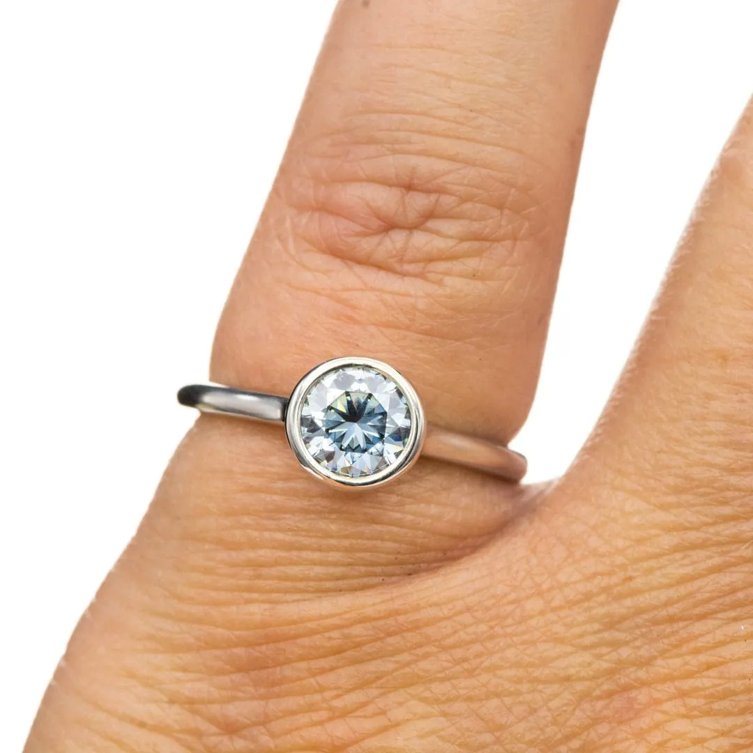 Round Blue-Gray Moissanite Bezel Set Accented Cathedral Engagement Ring