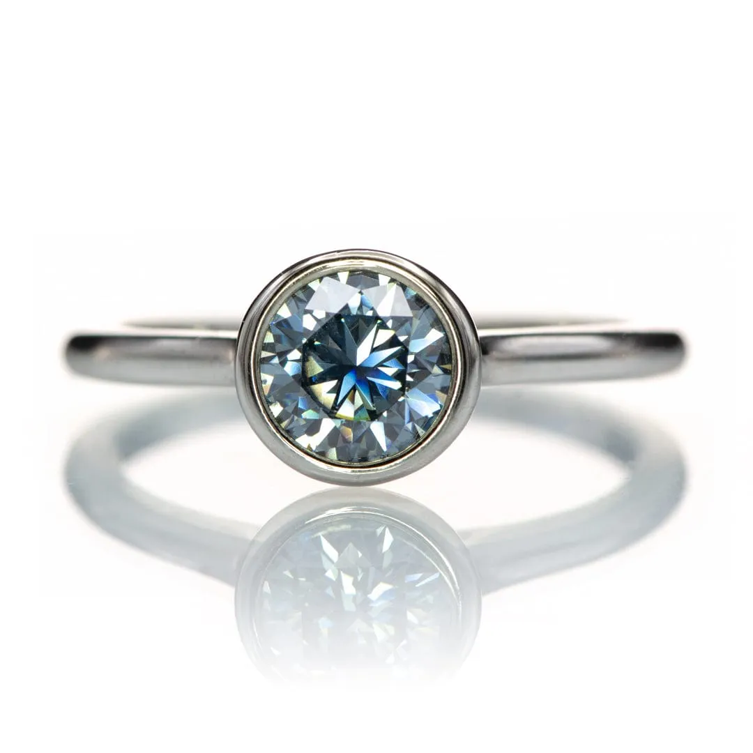 Round Blue-Gray Moissanite Bezel Set Accented Cathedral Engagement Ring