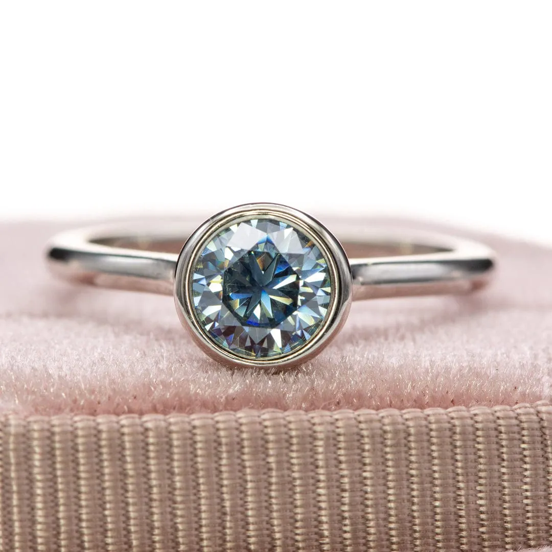 Round Blue-Gray Moissanite Bezel Set Accented Cathedral Engagement Ring