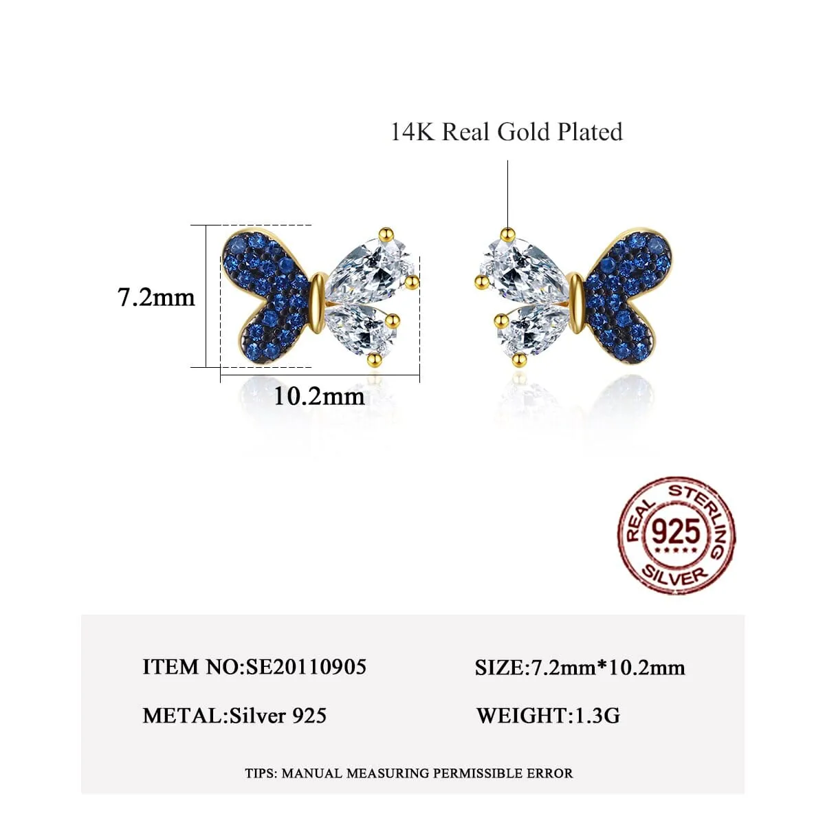 Sapphire 925 Sterling Silver Butterfly Gold Plated Stud Earrings