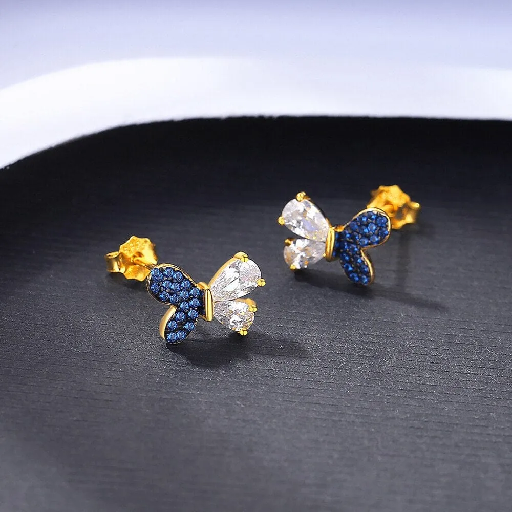 Sapphire 925 Sterling Silver Butterfly Gold Plated Stud Earrings