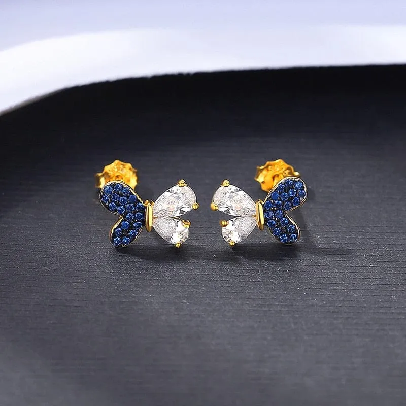 Sapphire 925 Sterling Silver Butterfly Gold Plated Stud Earrings