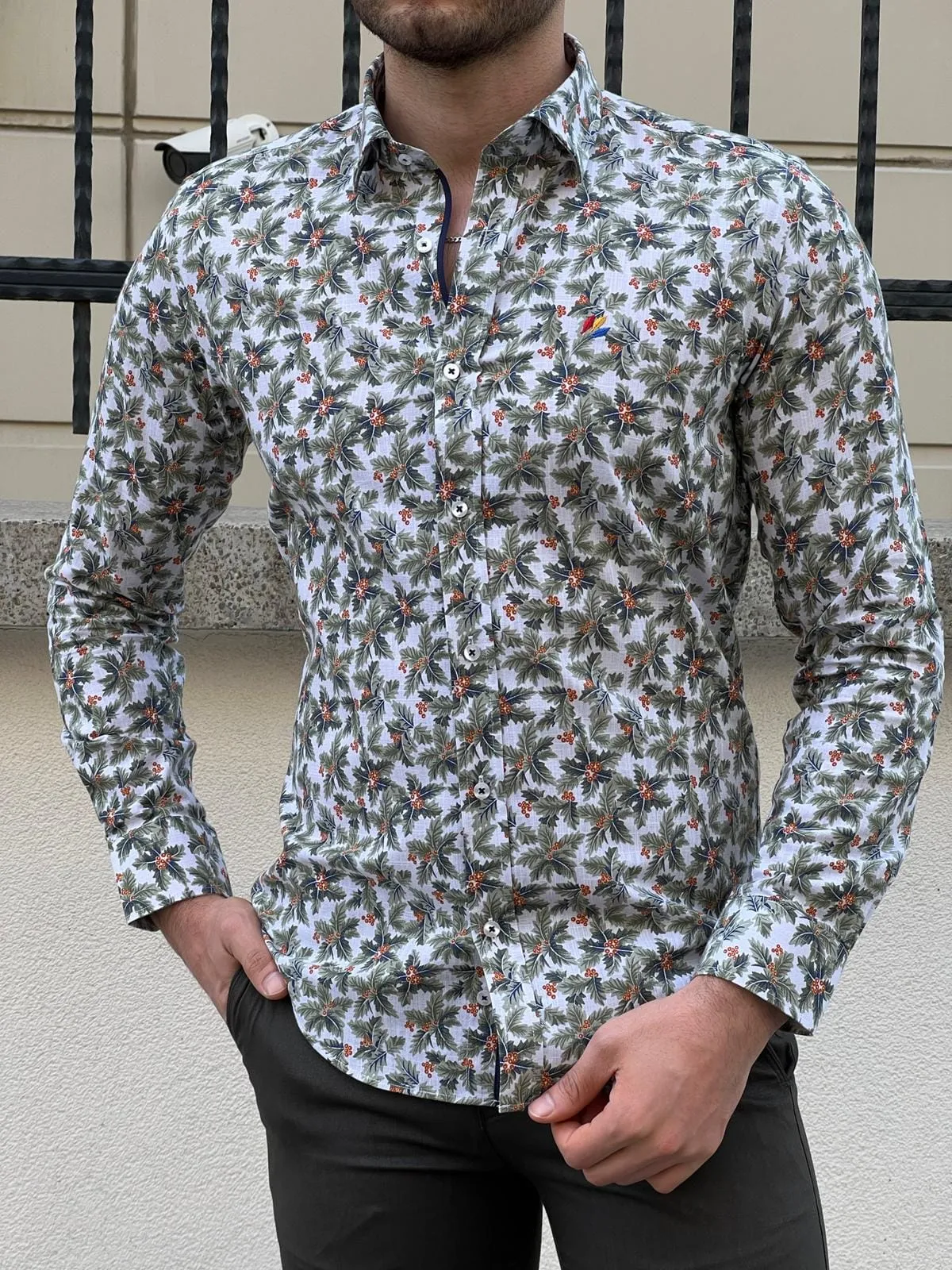 Slim Fit Patterned Cotton Green Shirt