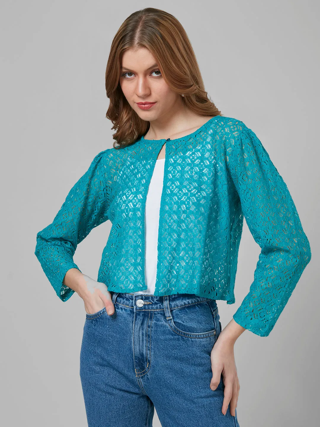 Style Quotient Women Blue Self Design Shrug