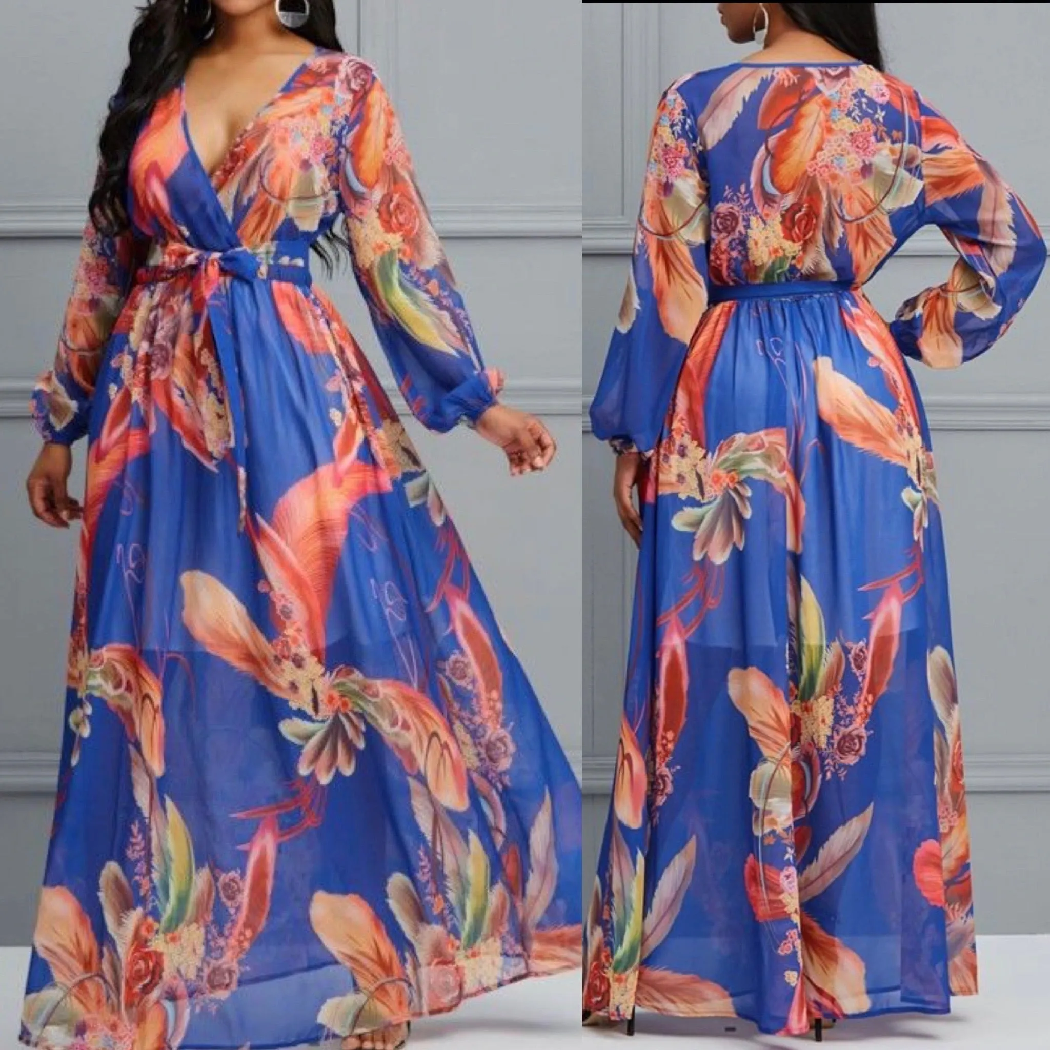 V-Neck Floral Print Maxi Dress