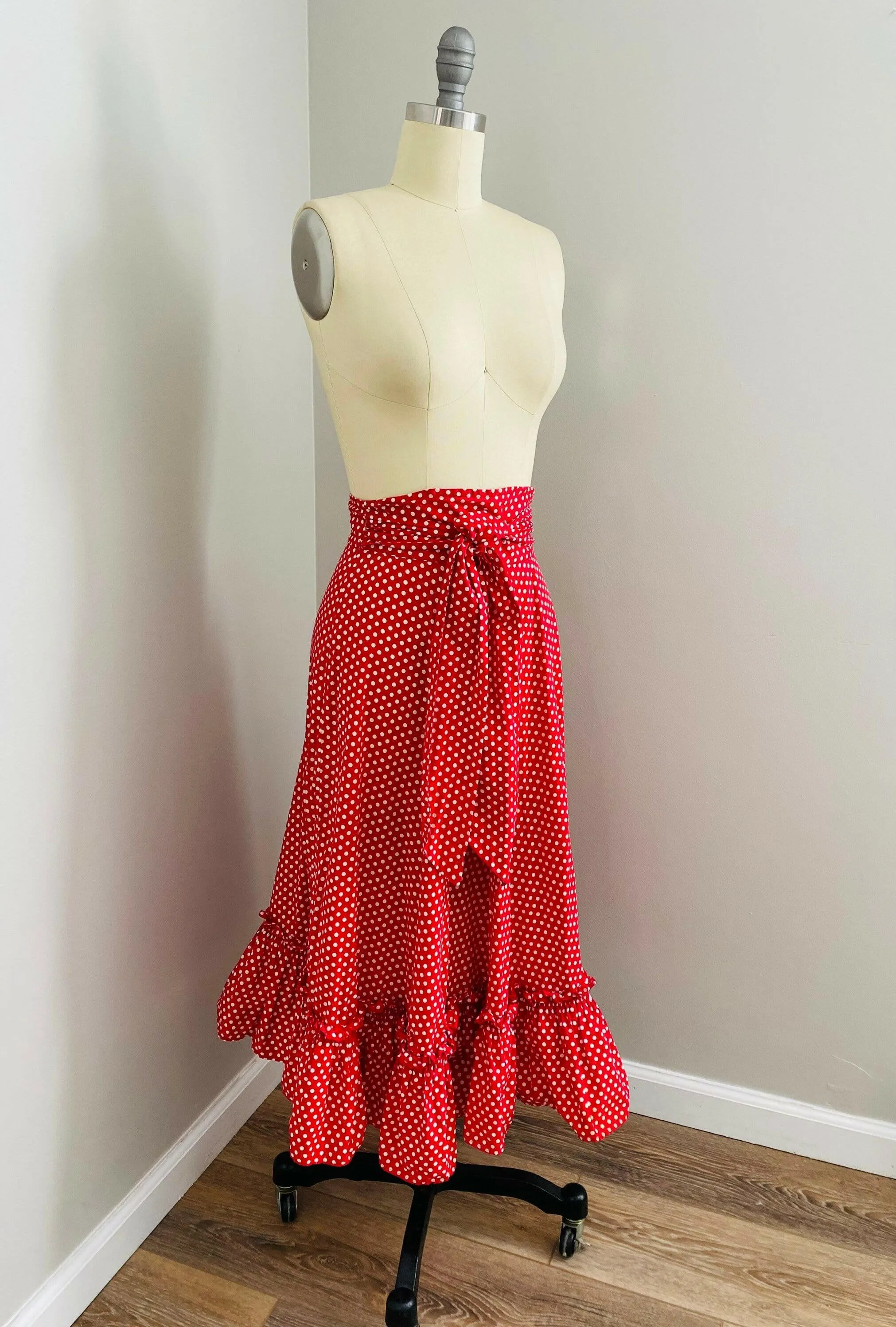 Vintage 1950s Red Polka Dot Cotton Maxi Skirt / 50s Serbin long peasant skirt Size S