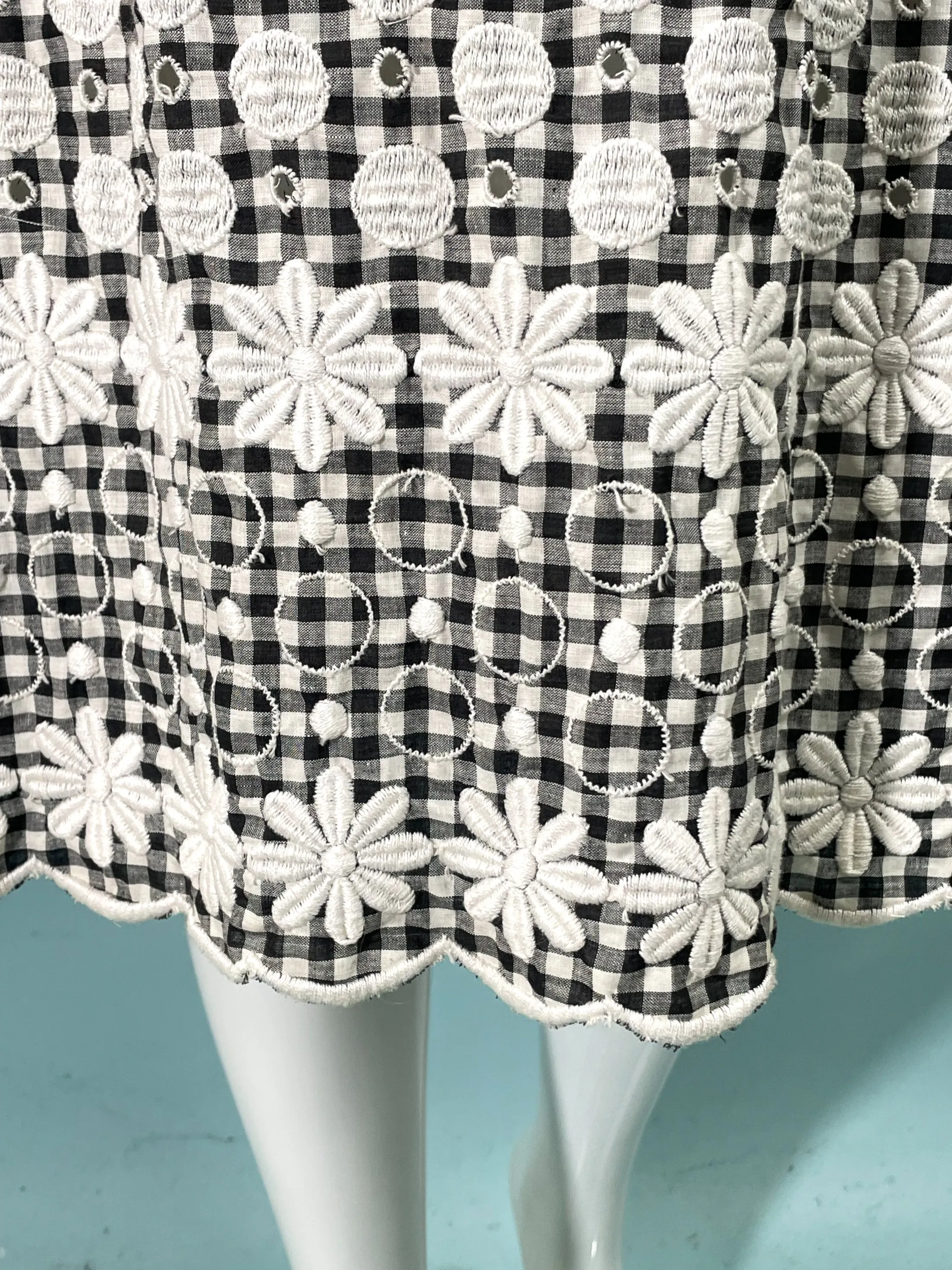 Vintage 60s Black/White Check Embroidered Dress, Gingham Check Dress M