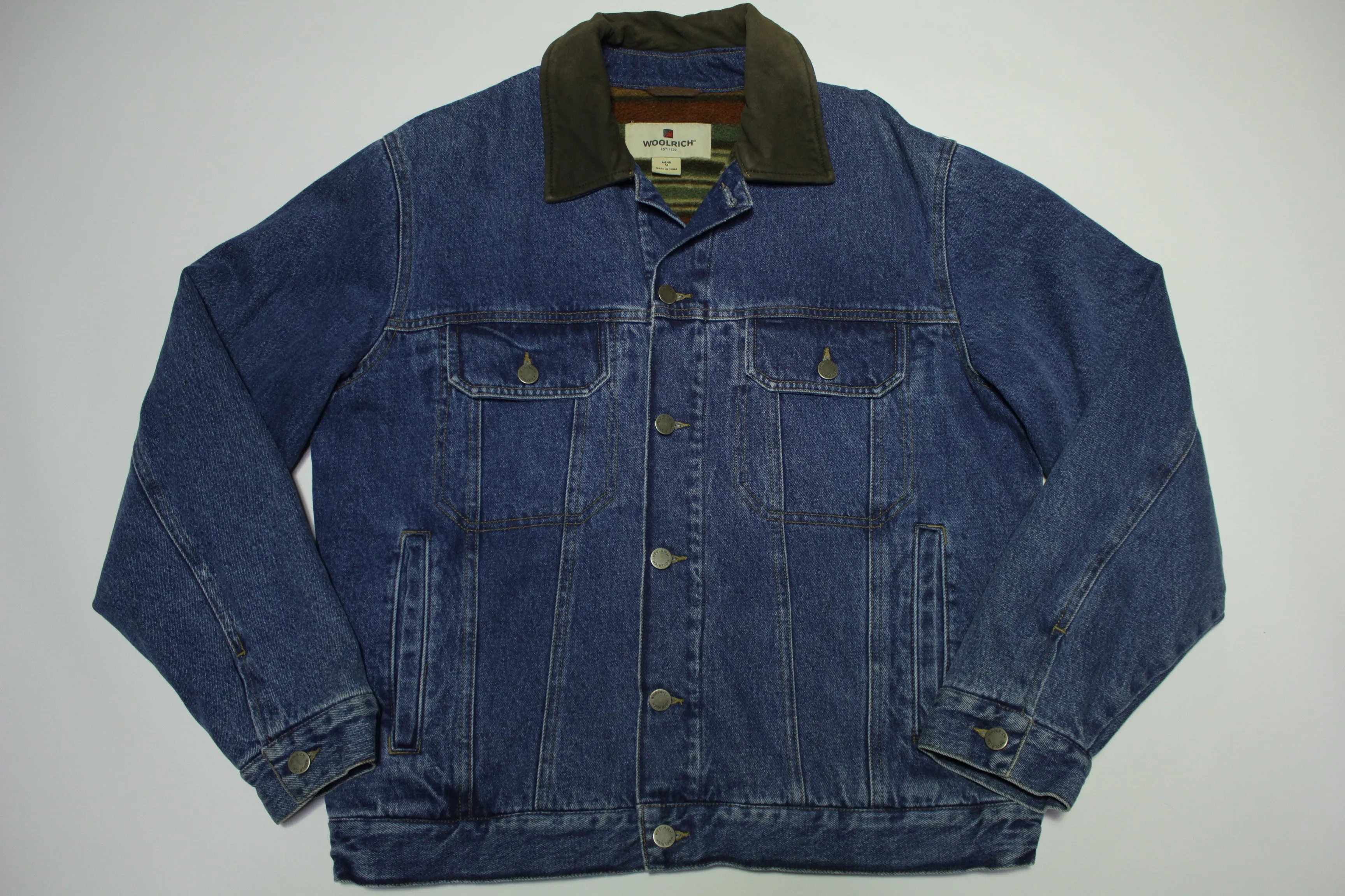 Woolrich Fleece Lined Leather Collar Vintage Trucker Denim Barn Jean Ranch Jacket